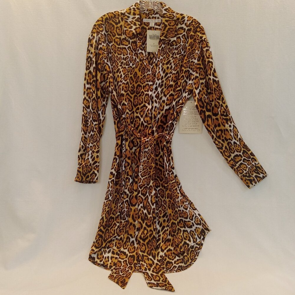 Boston Proper Leopard Long Sleeve Belted Shirtdress Small Brown/Multi NWT